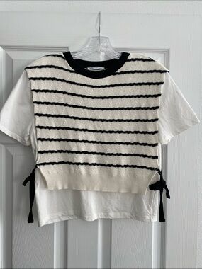 Zara Black and White Striped Layered Short Sleeve Tee with Side Ties